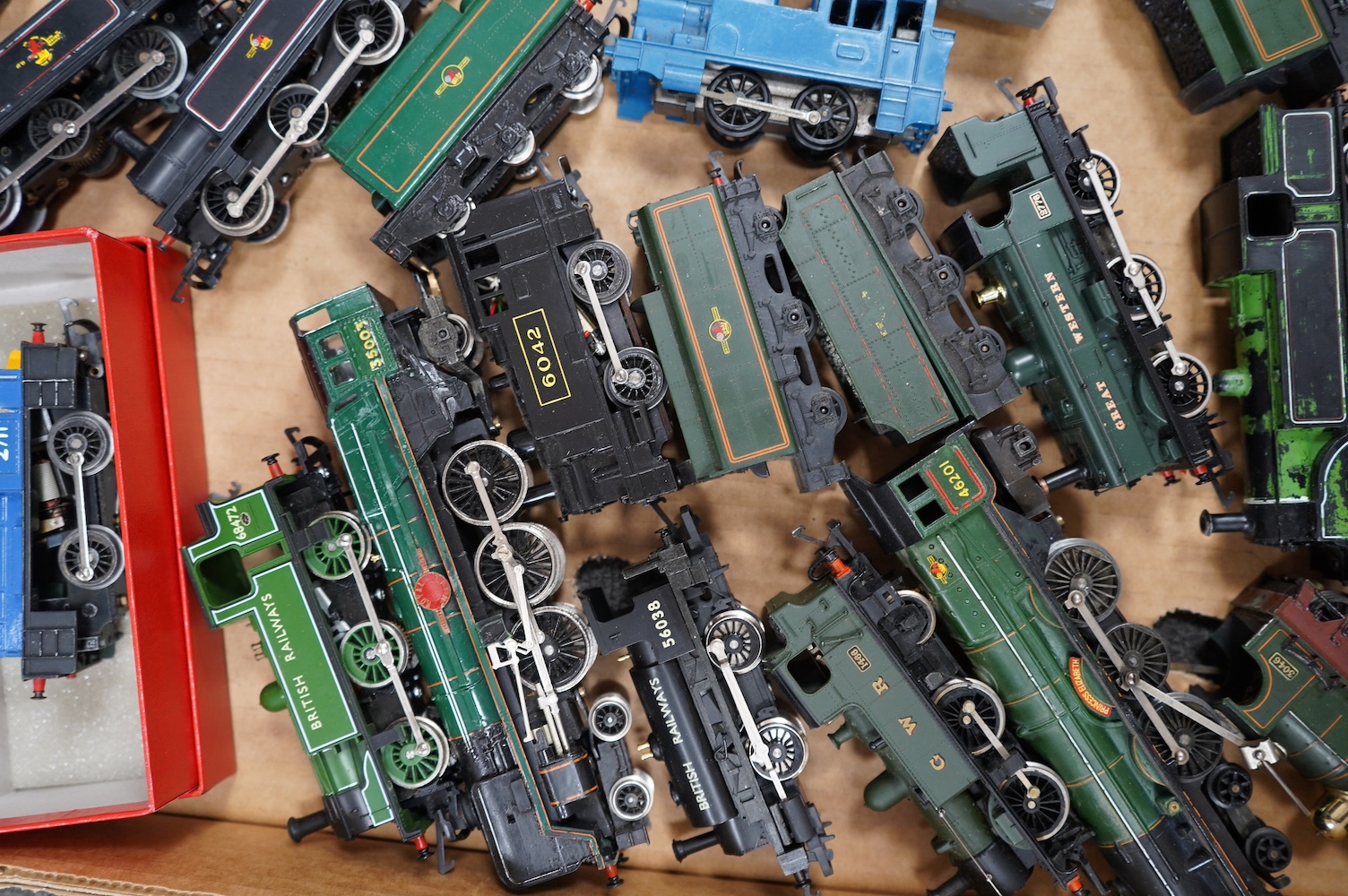 A collection of 00 gauge railway by Hornby, Tri-ang, etc. including; sixteen locomotives (a.f.), many for restoration, together with eighteen bogie coaches including; InterCity, LMS, and BR(MR). Condition - poor to good.